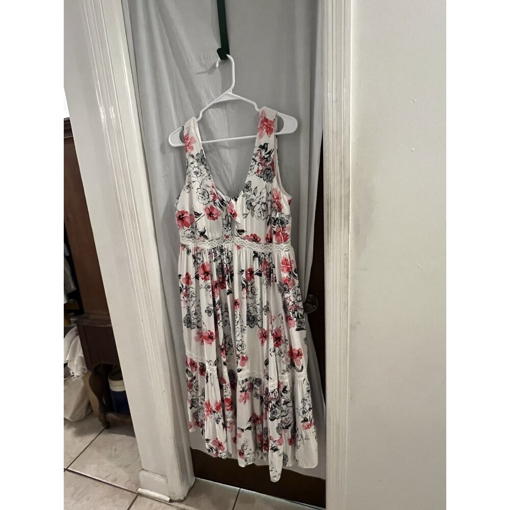 Torrid White Floral Midi Tank Dress Sz 1x Ruffle Hem Tie Neck - Picture 2 of 9